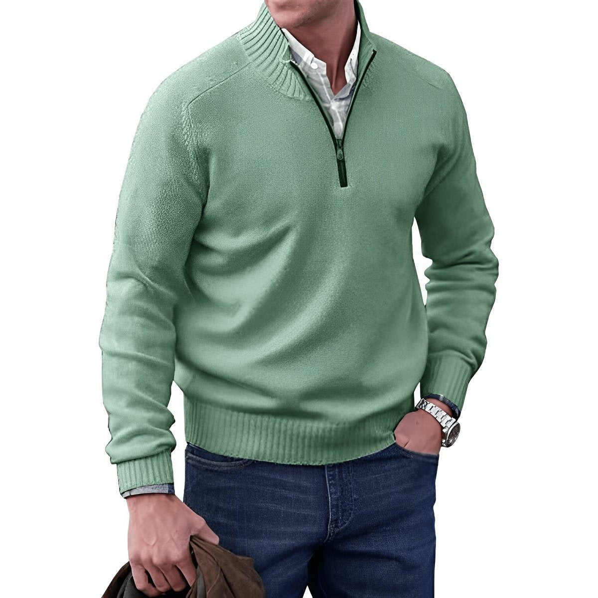 Sage green quarter-zip knitted jumper with ribbed cuffs