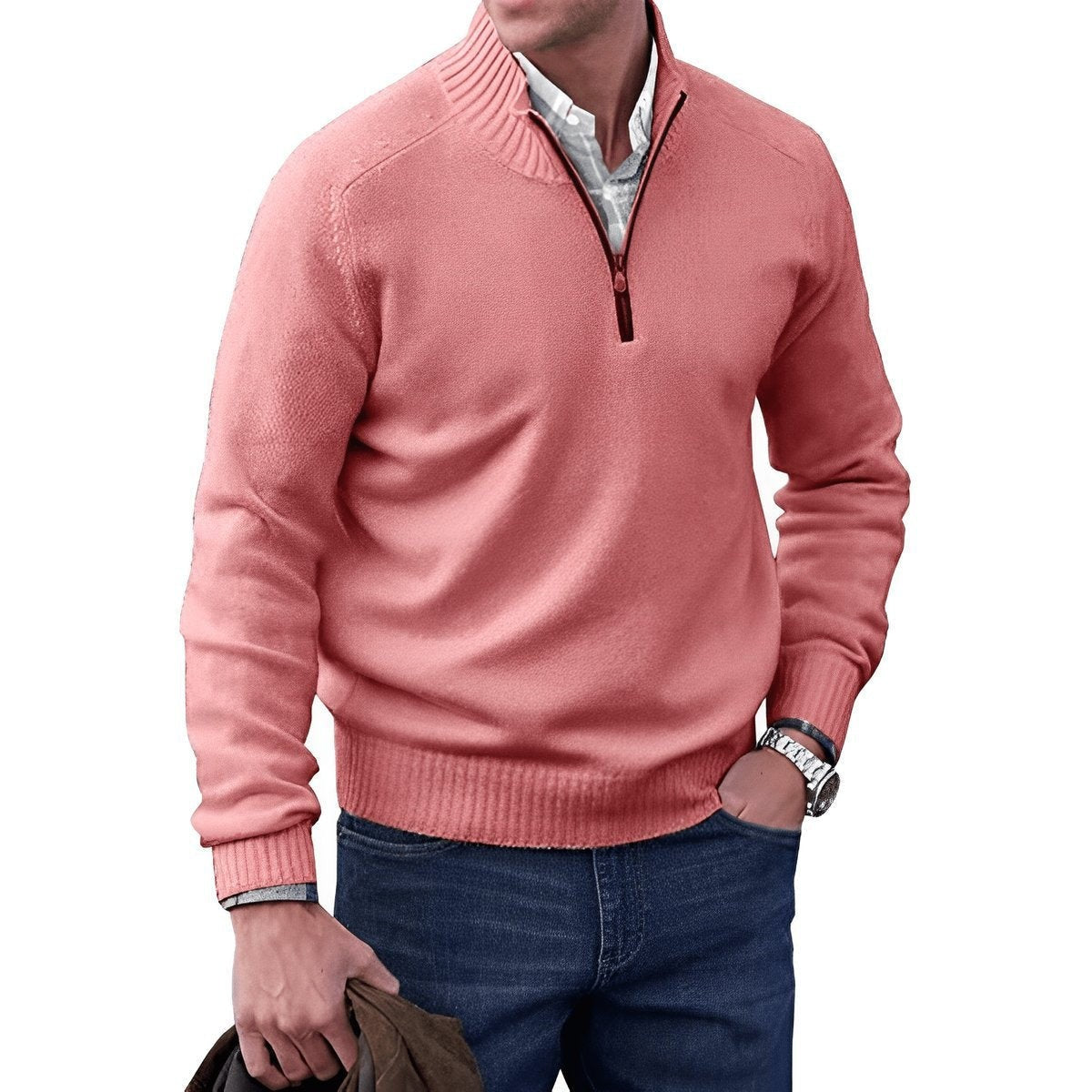 Coral pink quarter-zip jumper with funnel neck and ribbed hem