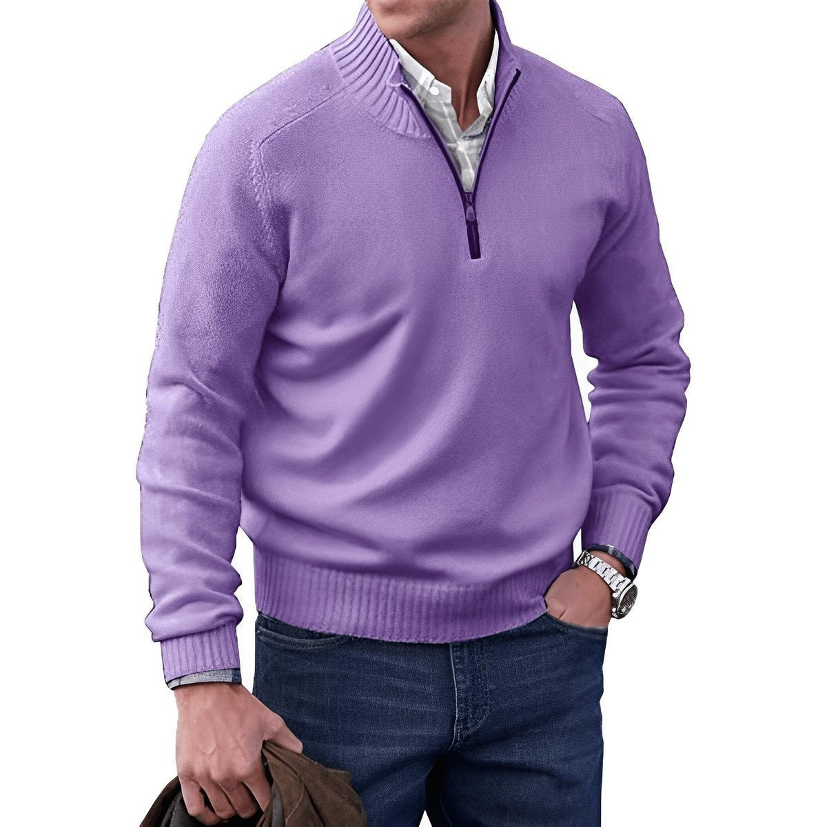 Lilac quarter-zip knitted jumper with ribbed collar detail