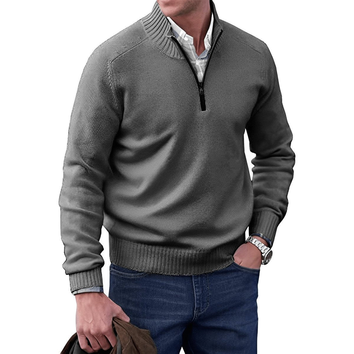 Charcoal grey quarter-zip pullover with ribbed neckline and cuffs