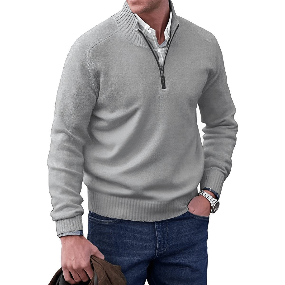 Light grey knitted quarter-zip jumper with regular fit styling