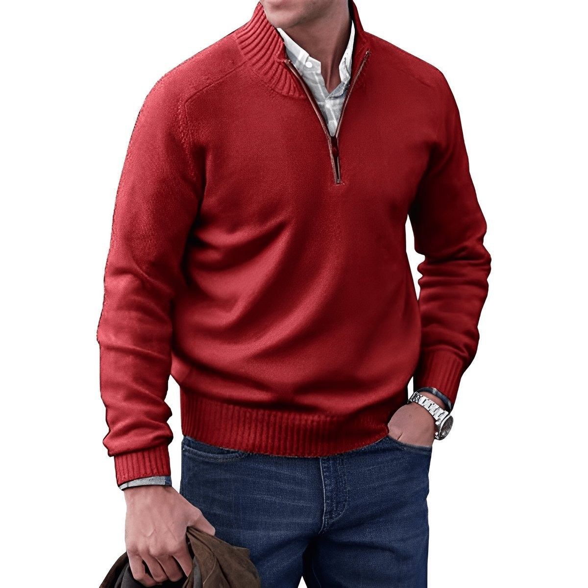 Rust red quarter-zip jumper layered over a collared shirt