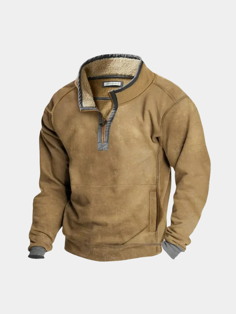 Tan quarter-zip fleece pullover with sherpa-lined stand collar and kangaroo pocket