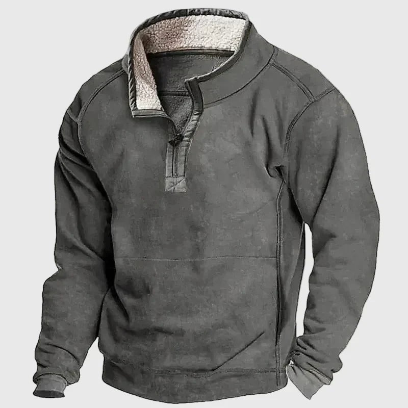 Charcoal grey men's quarter-zip sweatshirt with sherpa-lined collar and front pocket