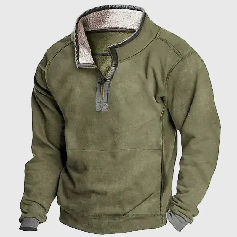 Olive green quarter-zip pullover featuring sherpa collar and ribbed cuffs