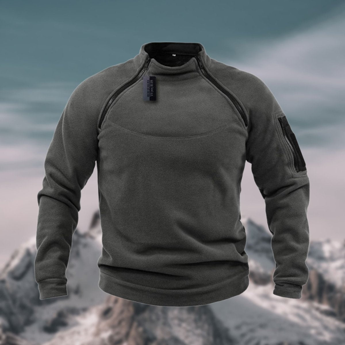 Grey fleece quarter-zip jumper with stand collar and sleeve pocket detail