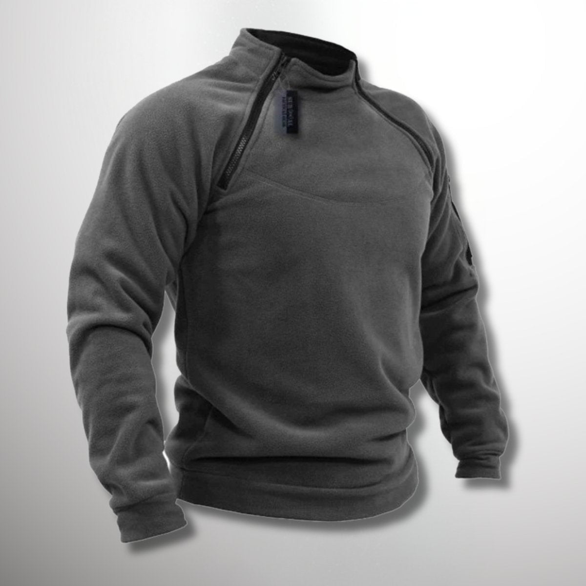 Charcoal fleece pullover featuring diagonal zip and stand-up collar design