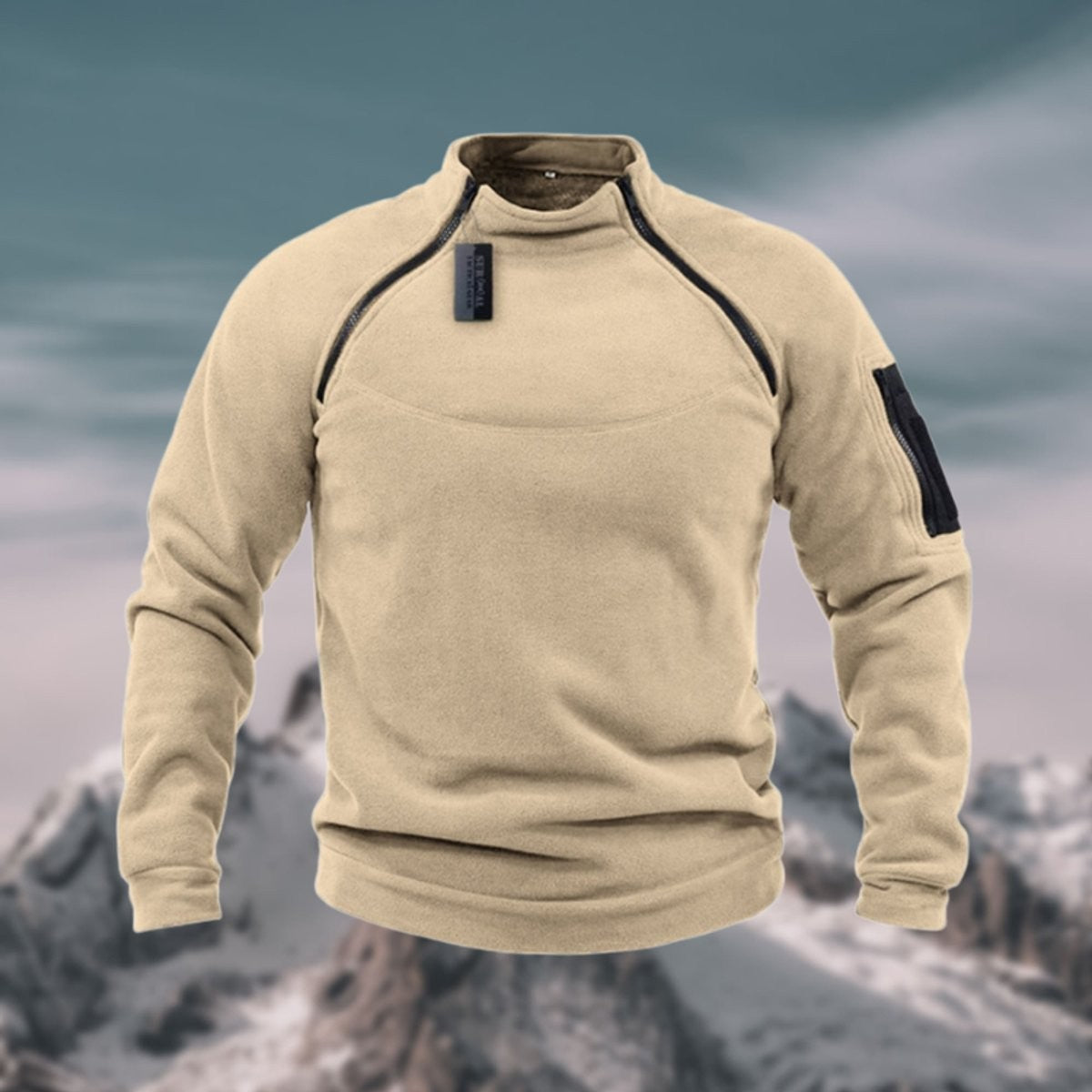 Beige fleece pullover with stand collar and zipped sleeve pocket detail