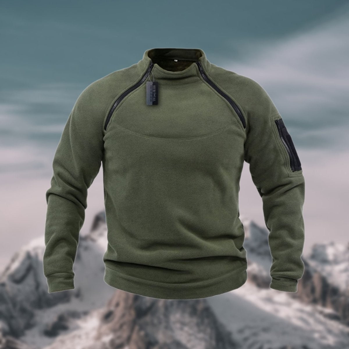 Olive green fleece quarter-zip jumper showcasing sturdy stand collar design