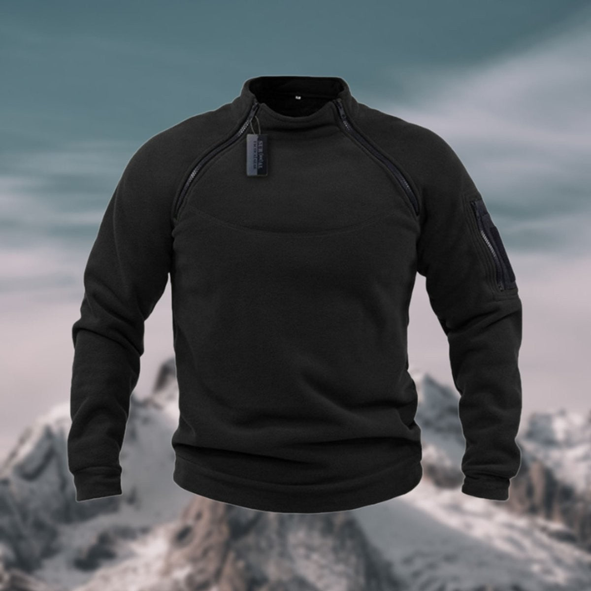 Black fleece pullover with diagonal zip fastening and stand-up collar