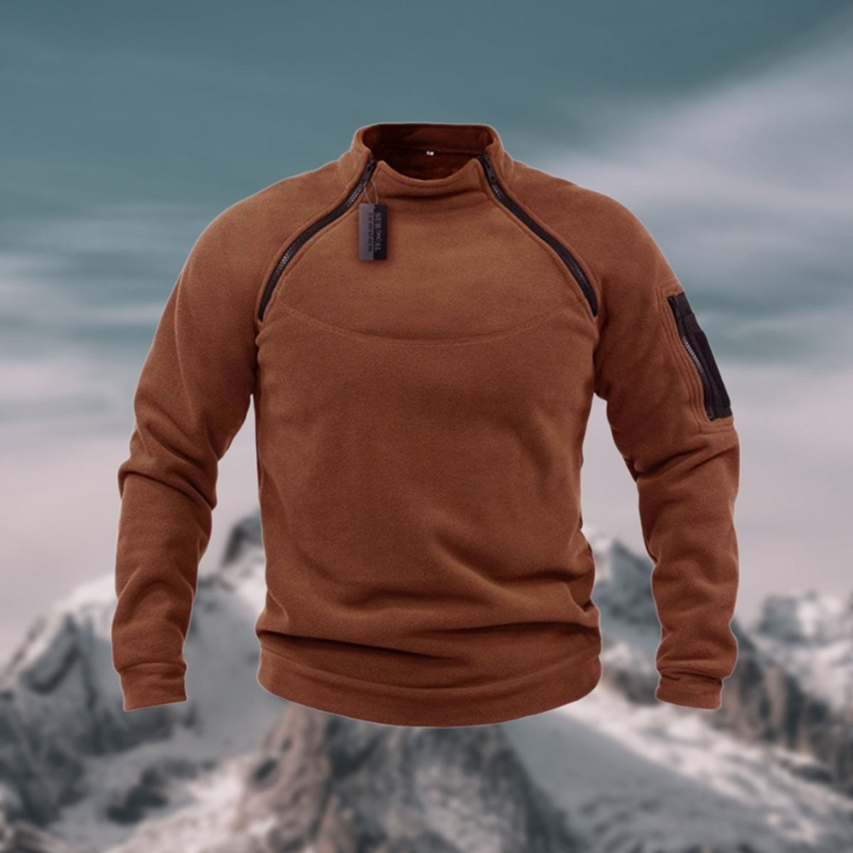 Rust brown fleece jumper displaying quarter-zip closure and sleeve pocket