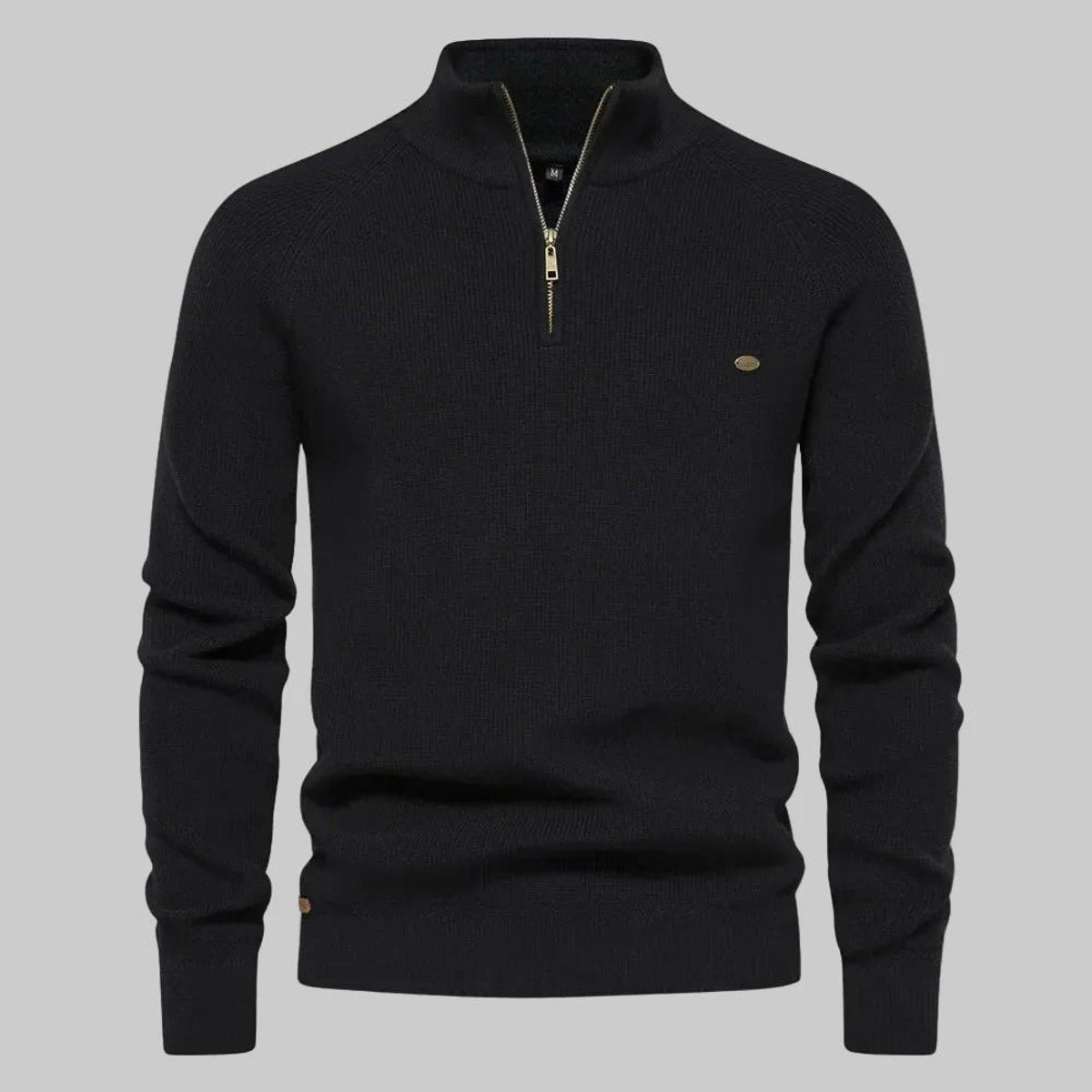 Black half-zip knitted jumper with stand collar and ribbed cuffs