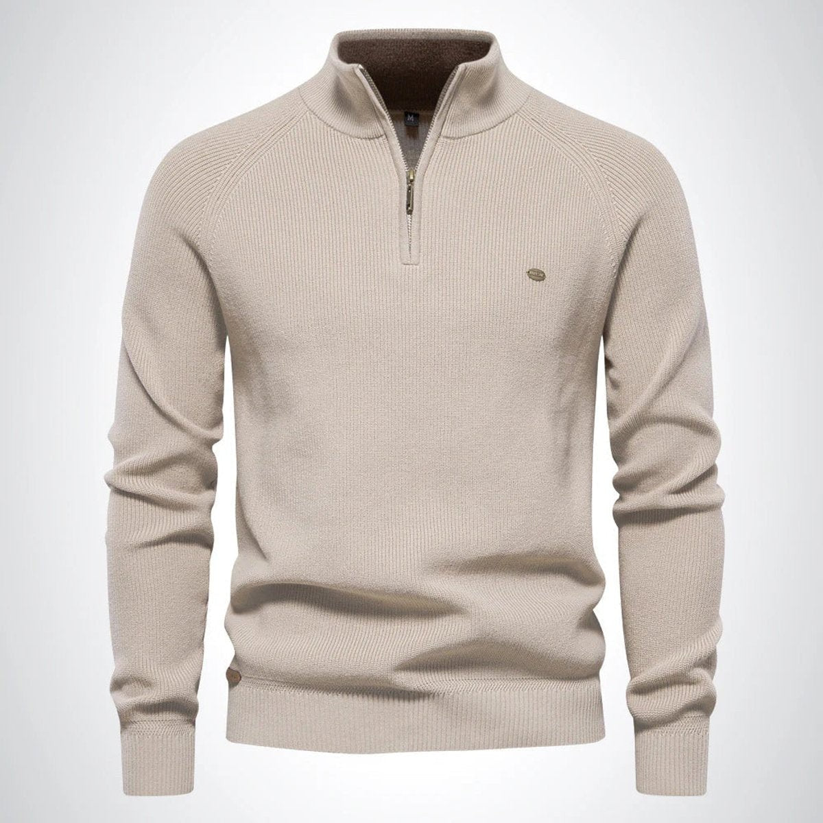 Beige half-zip ribbed pullover with stand collar and gold zip
