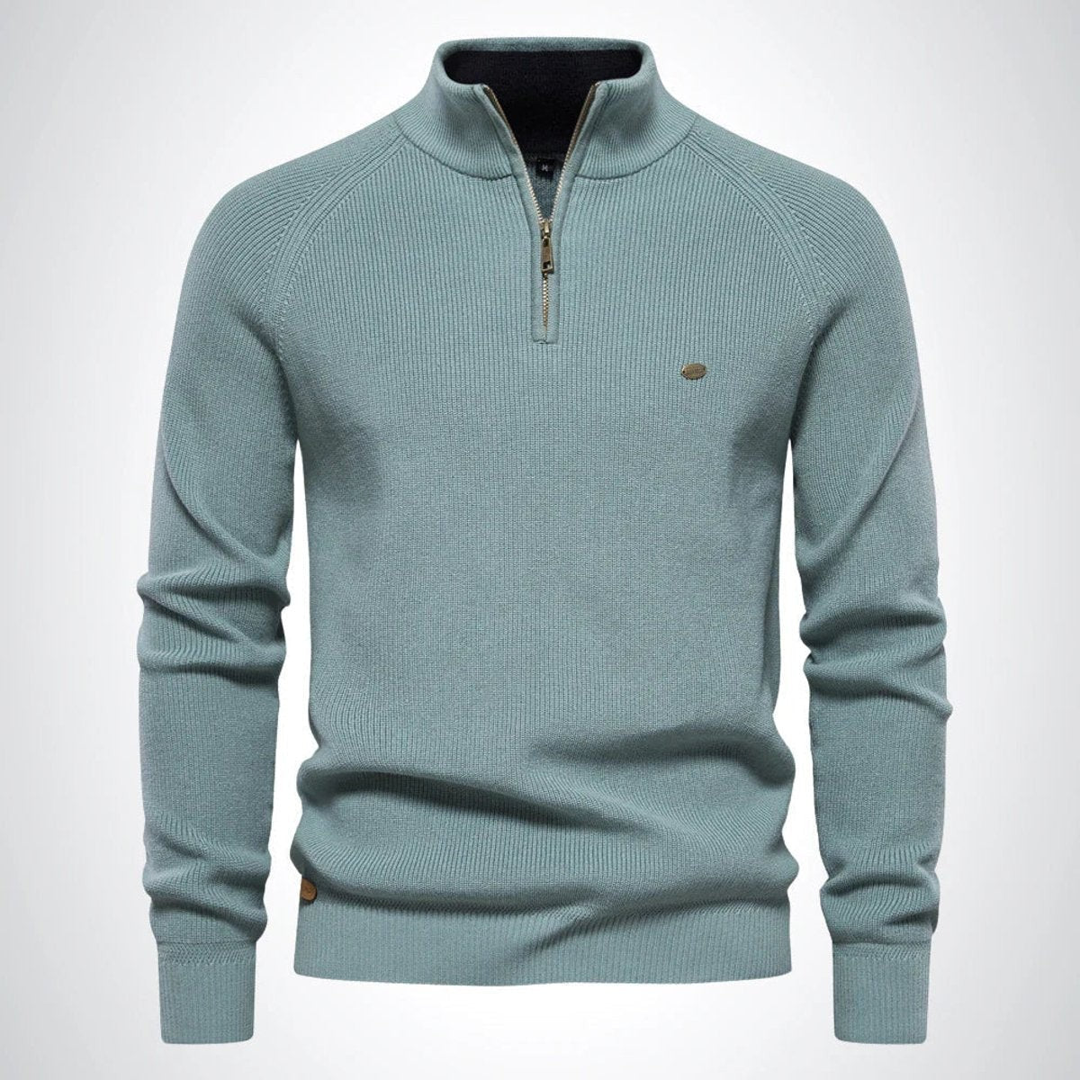Sage green half-zip knitted jumper with stand collar detailing