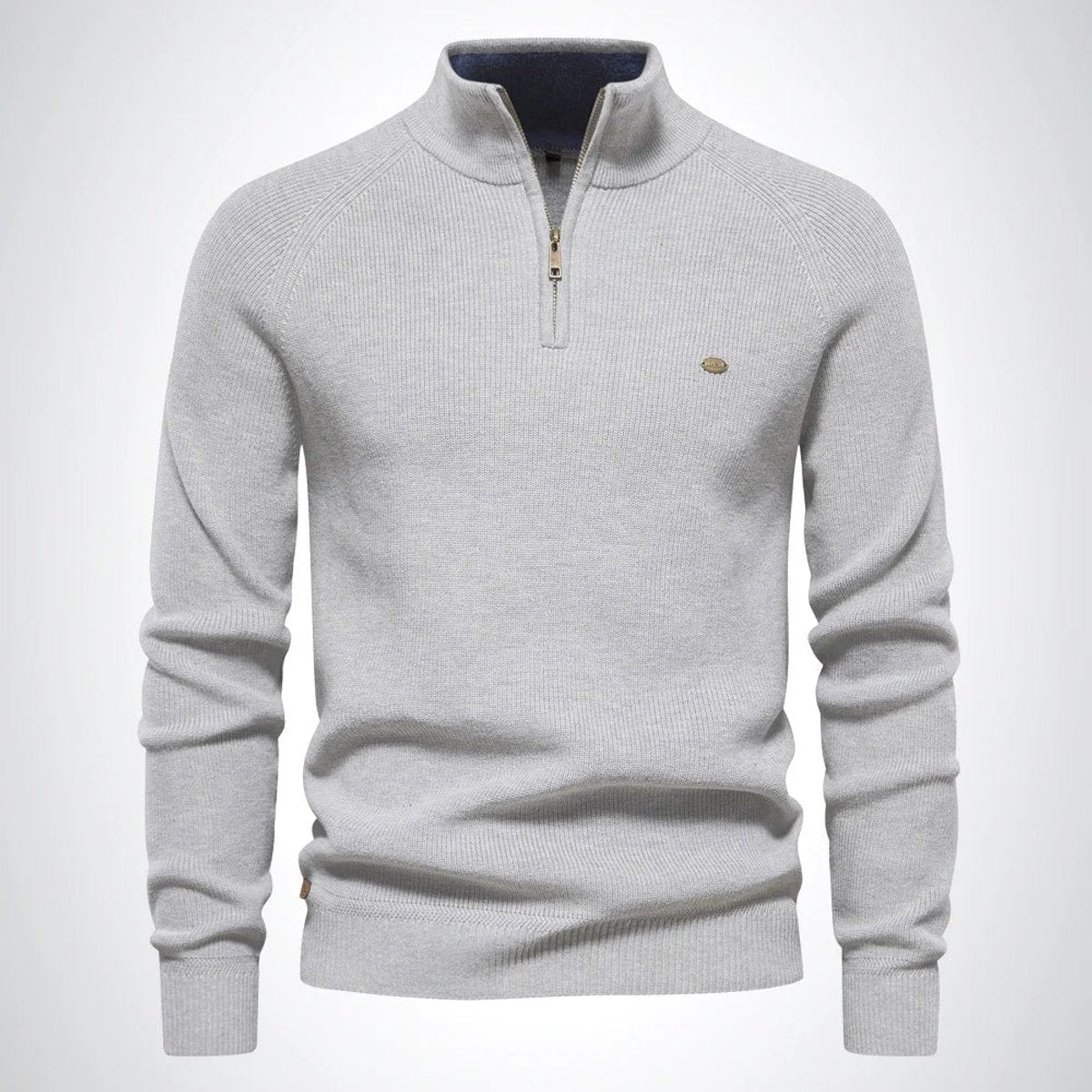 Light grey marl half-zip pullover with ribbed stand collar