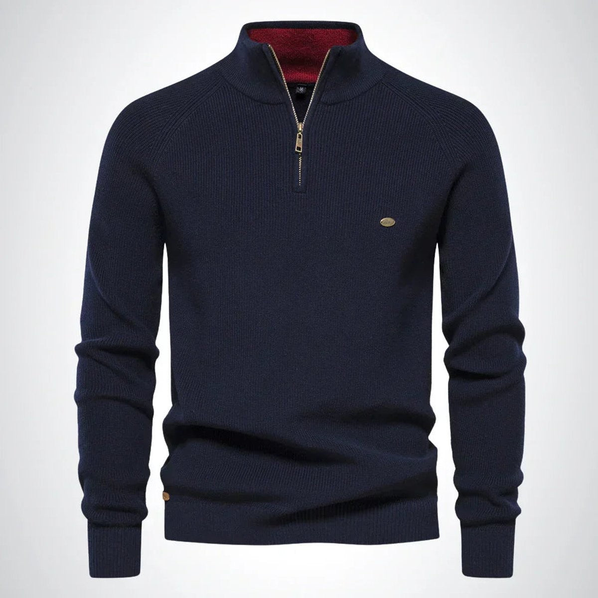Navy half-zip knitted jumper with contrasting red inner collar