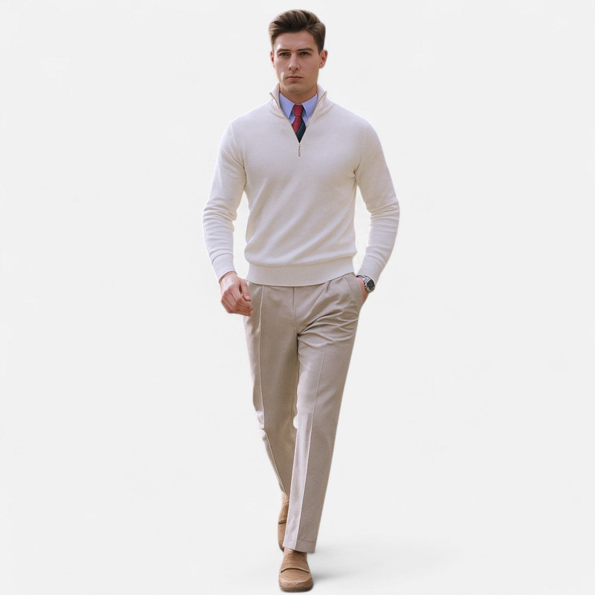 Full-length view of ivory quarter-zip jumper with smart casual trousers