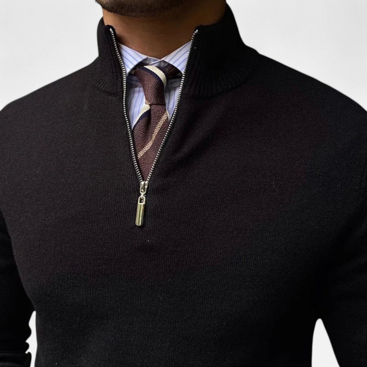 Black knitted quarter-zip jumper with ribbed collar over striped shirt