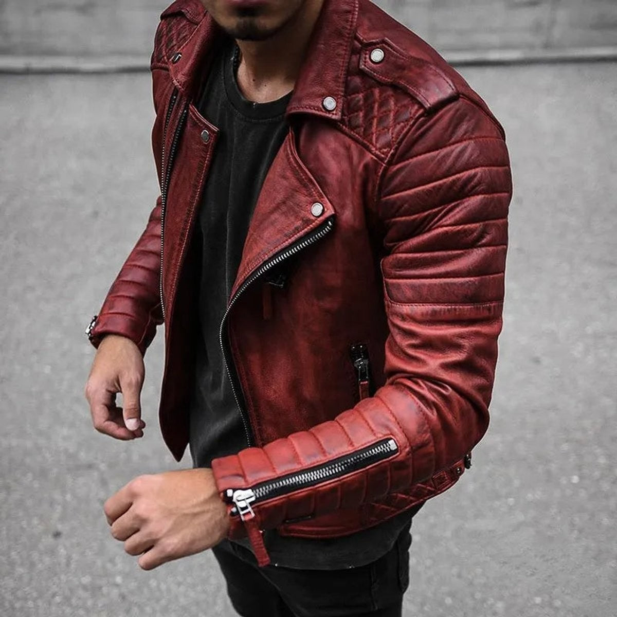 Men's dark red quilted faux leather biker jacket with zip cuffs and studded collar