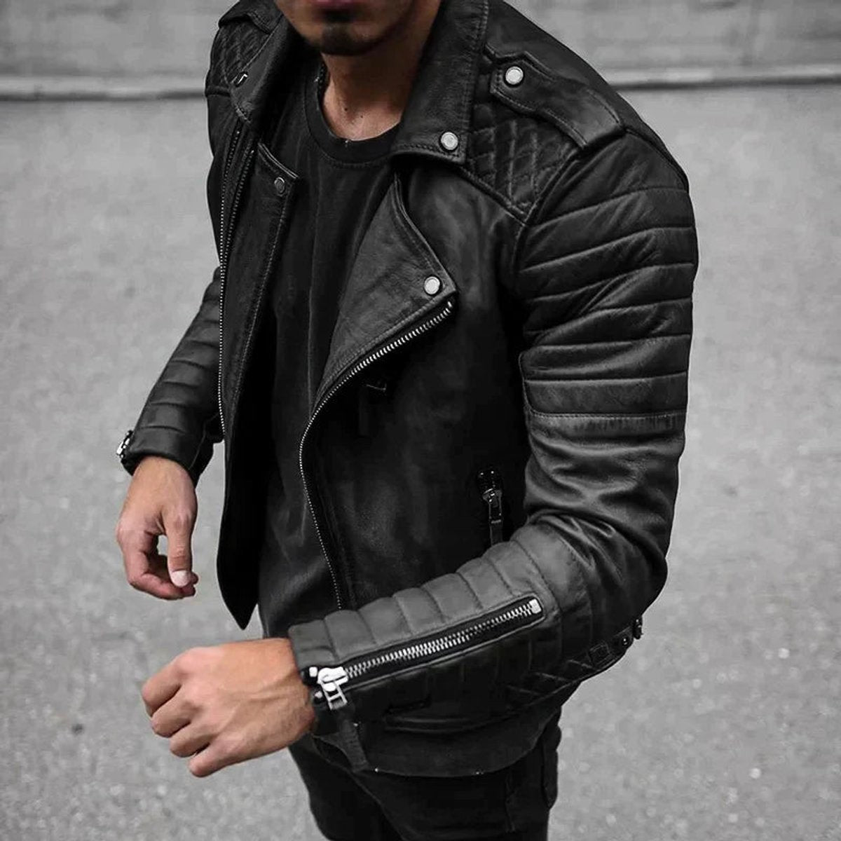 Black quilted faux leather bomber jacket with asymmetric zip and biker collar