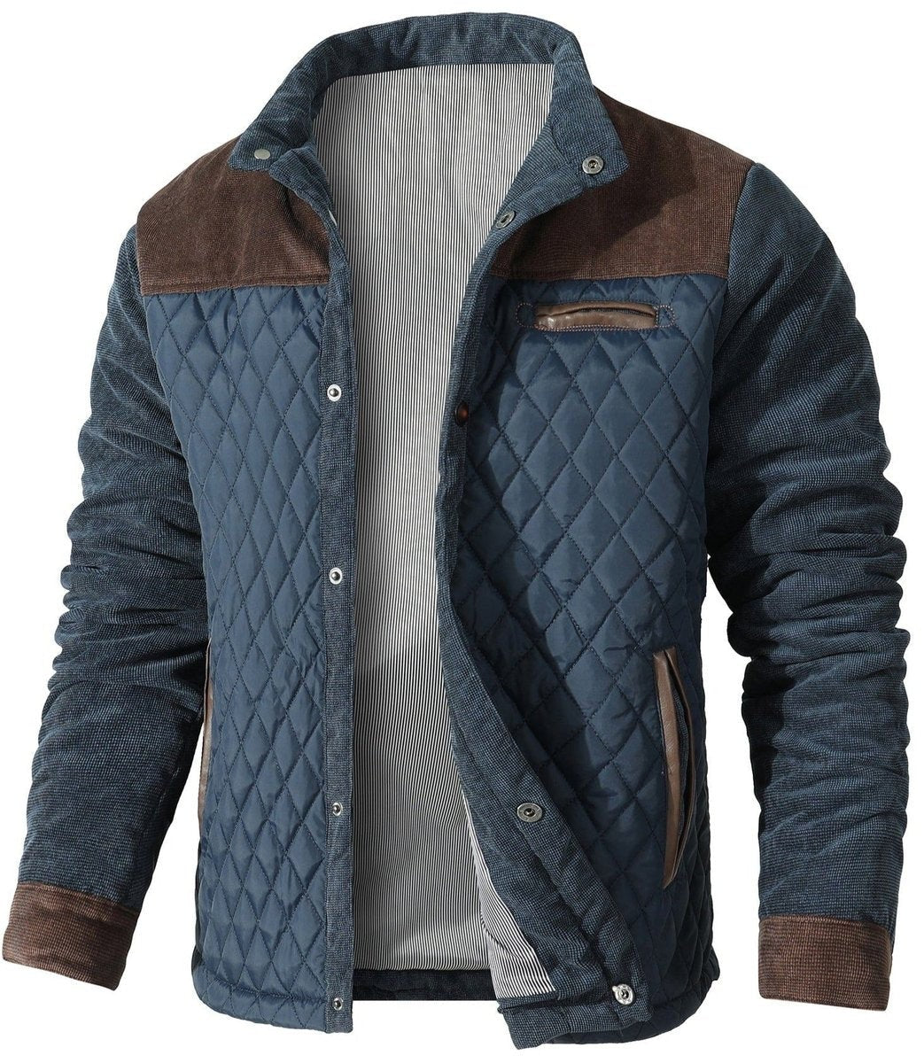 Men's quilted jacket featuring contrast brown corduroy trim and snap buttons