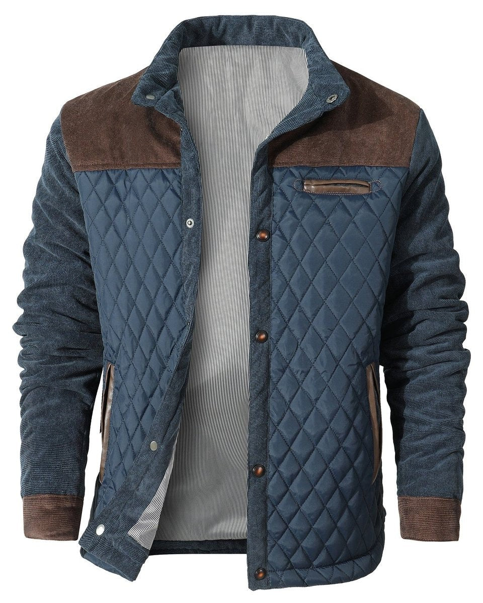 Snap-button quilted bomber jacket in navy with tan corduroy panelling