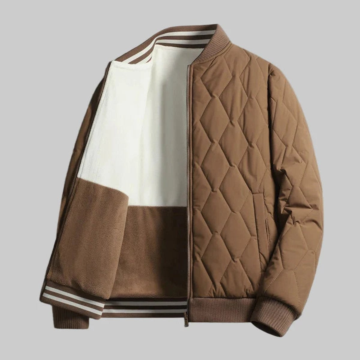 Brown quilted diamond-stitch bomber jacket featuring soft fleece-lined interior