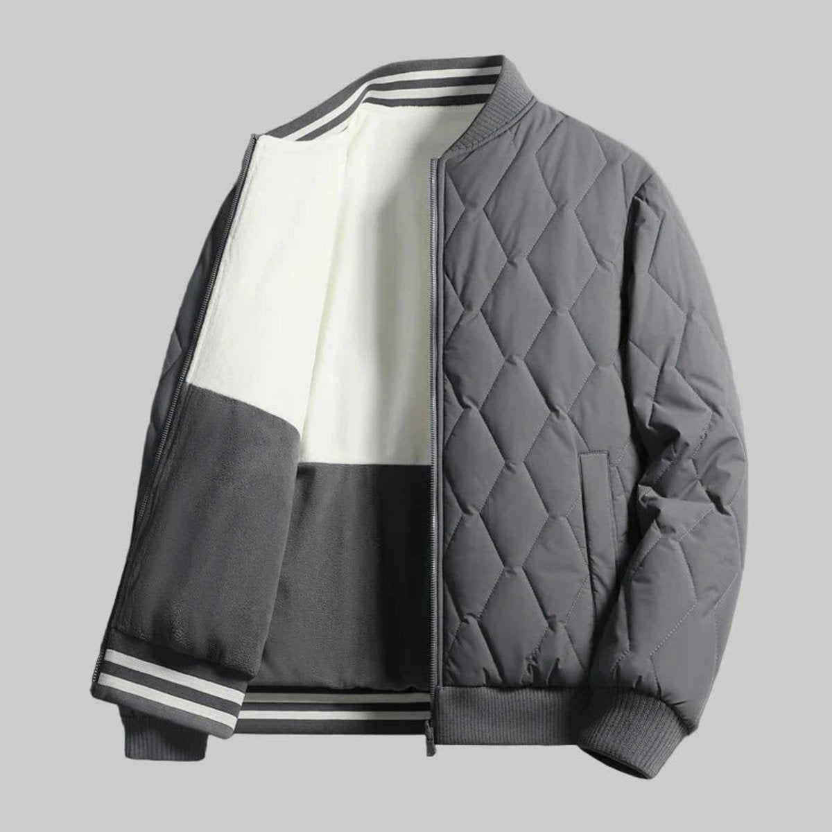 Charcoal grey diamond-quilted bomber jacket with contrast fleece sleeve lining