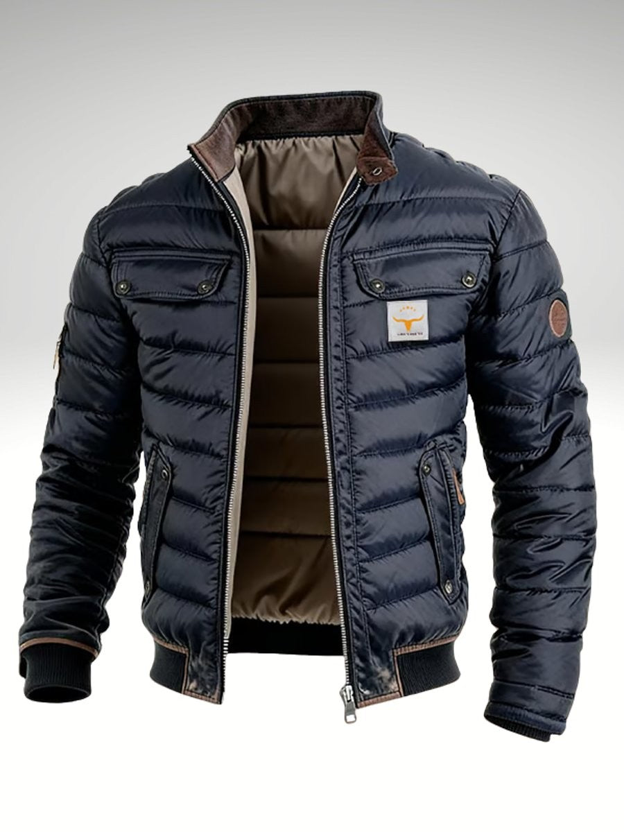 Navy puffer jacket unzipped, showing beige quilted lining and studded pockets