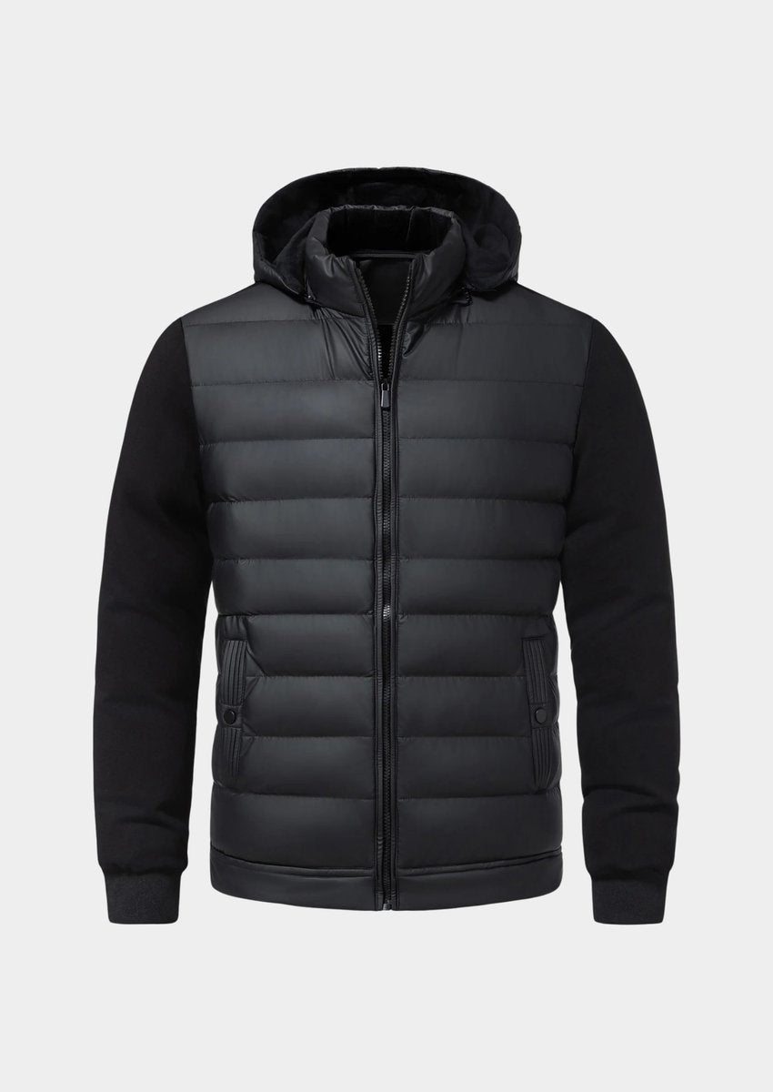 Black quilted puffer jacket with contrast jersey sleeves and hood, front view