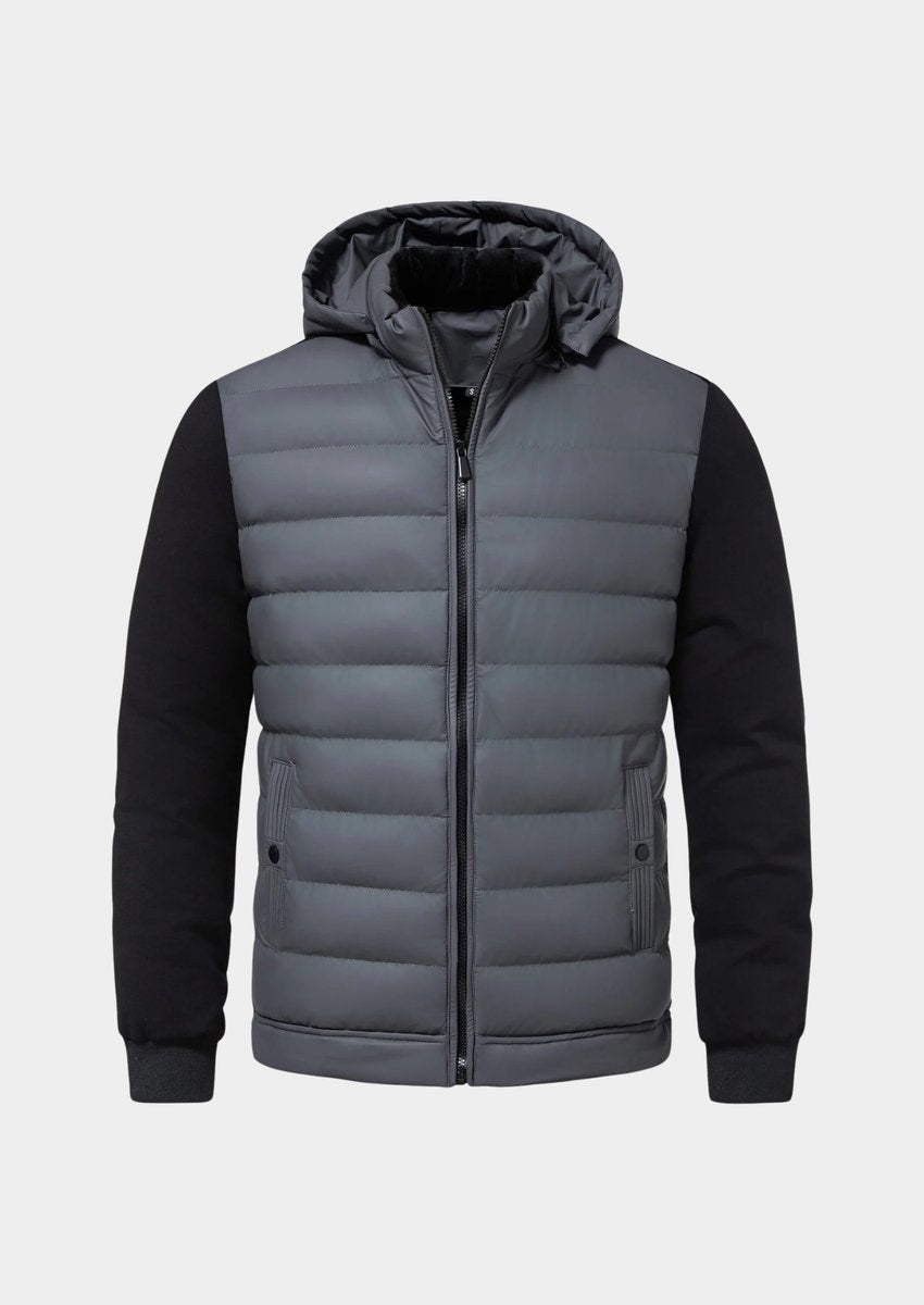 Grey quilted puffer jacket with black jersey sleeves and hood, front view