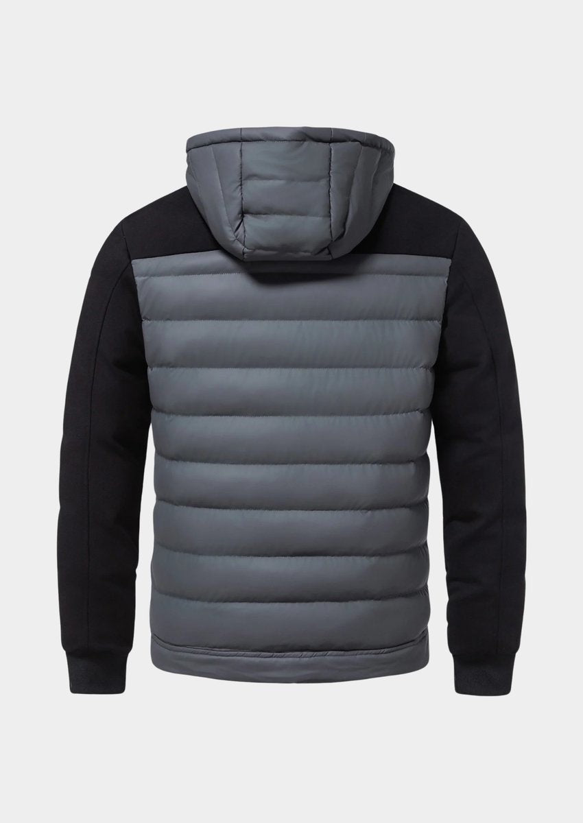 Rear view of grey hybrid puffer jacket with black jersey sleeve panels
