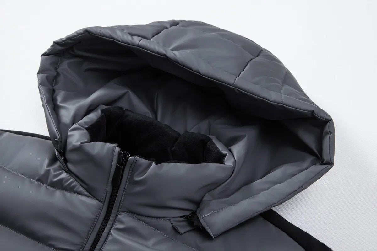 Hood interior with fleece lining shown on grey waterproof puffer jacket