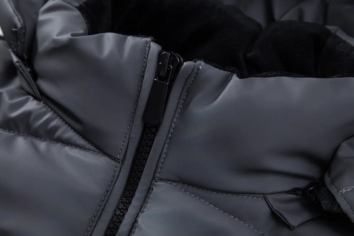Hood quilting and zip pull detail on grey waterproof bomber jacket