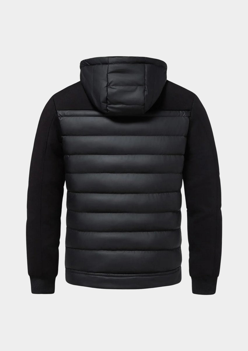 Rear view of black hybrid puffer jacket showing quilted panel and jersey sleeves