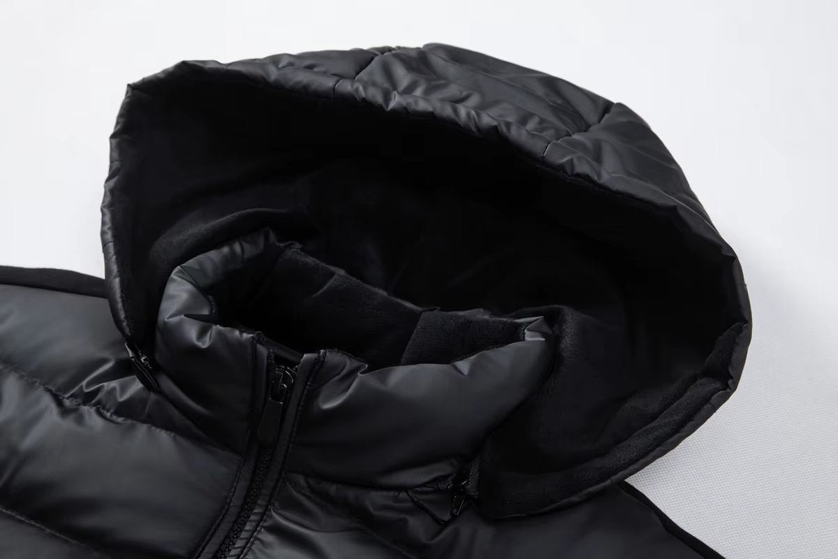Close-up of hooded collar with fleece lining on black puffer bomber jacket