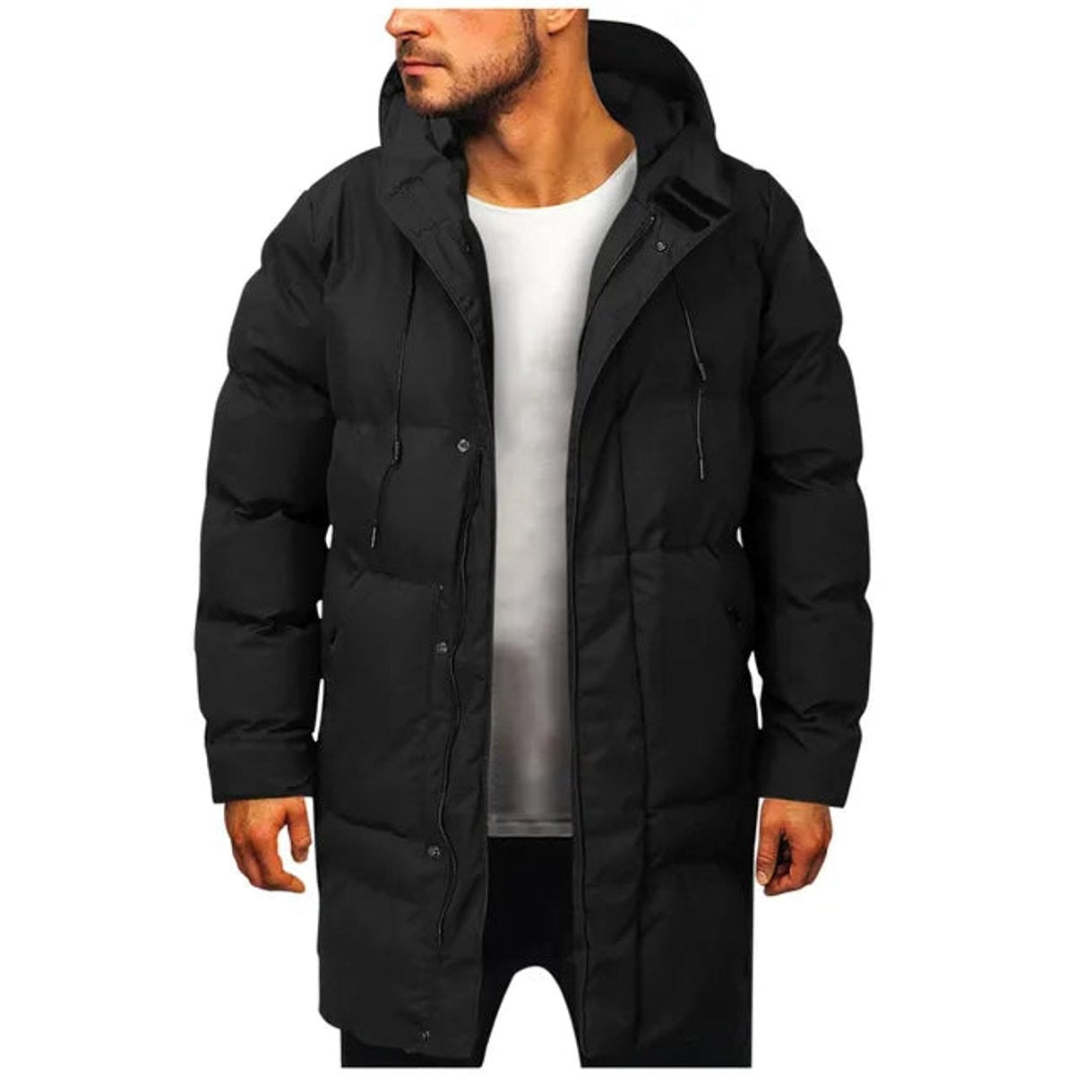 Black hooded puffer coat with zip and drawstring fastening, mid-length style