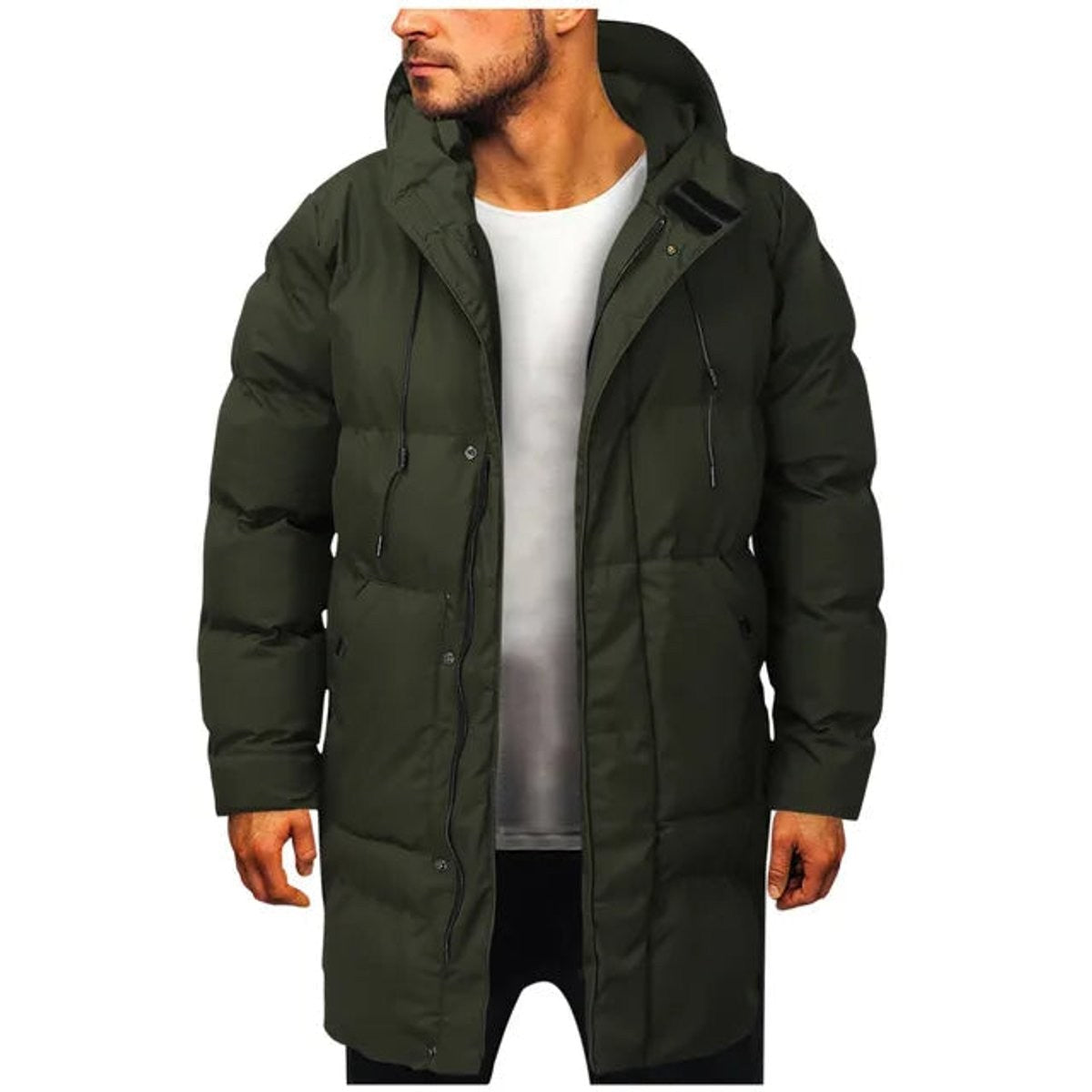Khaki green quilted hooded puffer coat, mid-length winter jacket worn open