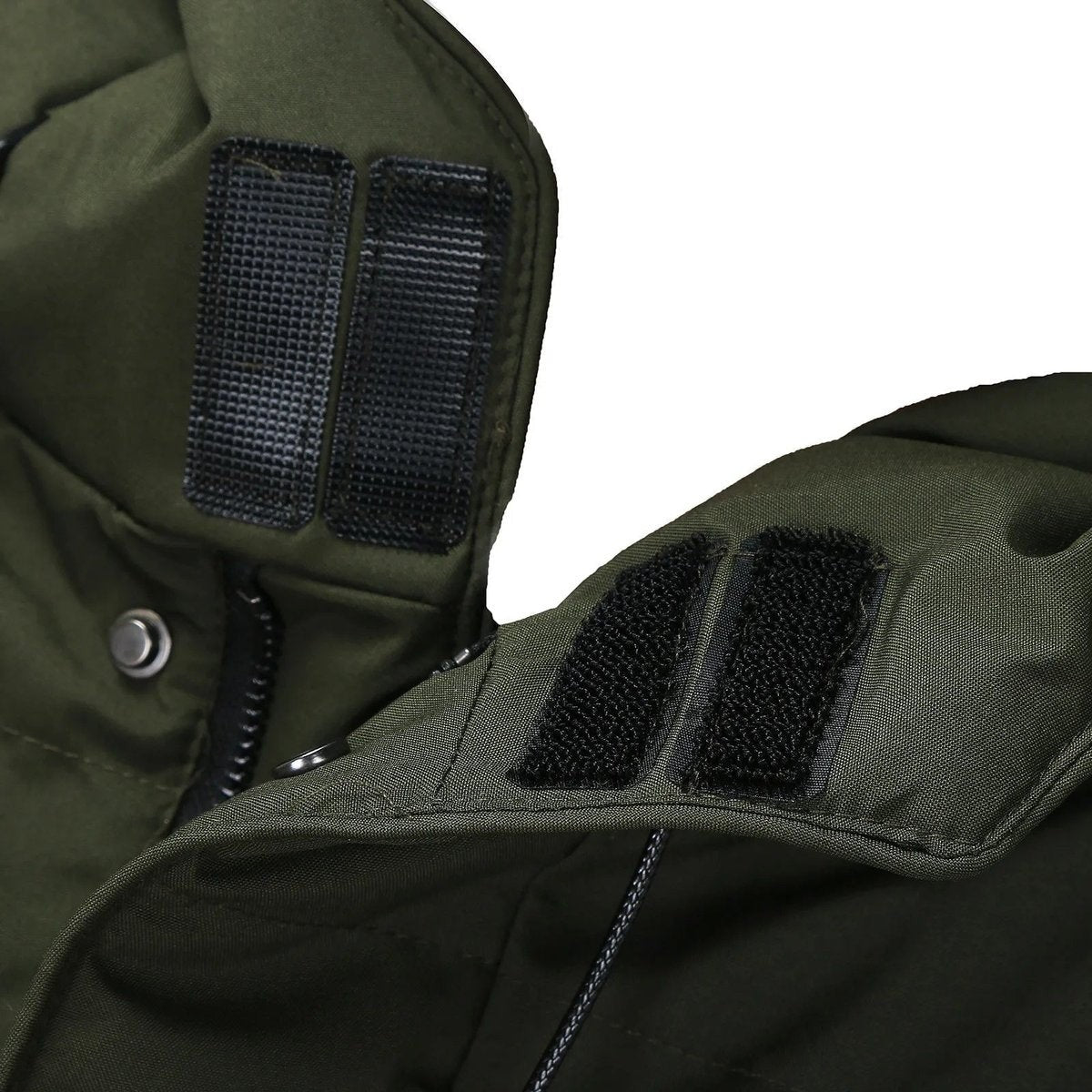 Close-up of khaki puffer coat hood strap and Velcro fastening detail