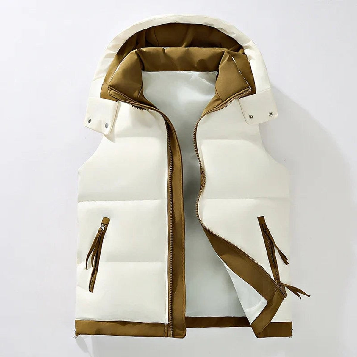 Cream padded gilet with contrast tan hood lining and zip pockets