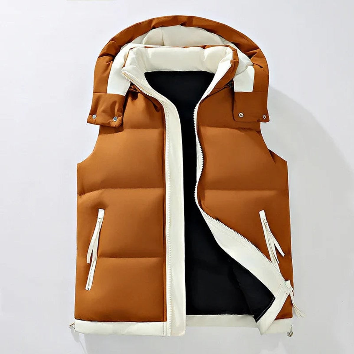 Rust brown puffer vest featuring cream trim and hooded collar