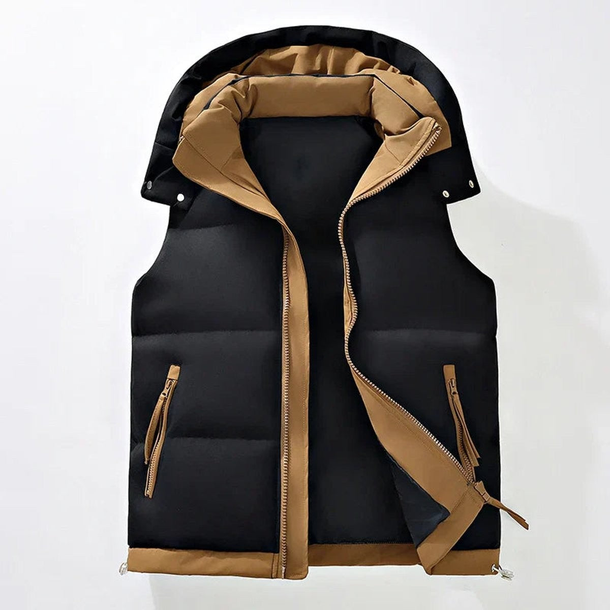 Black hooded gilet with contrasting tan zip and inner lining