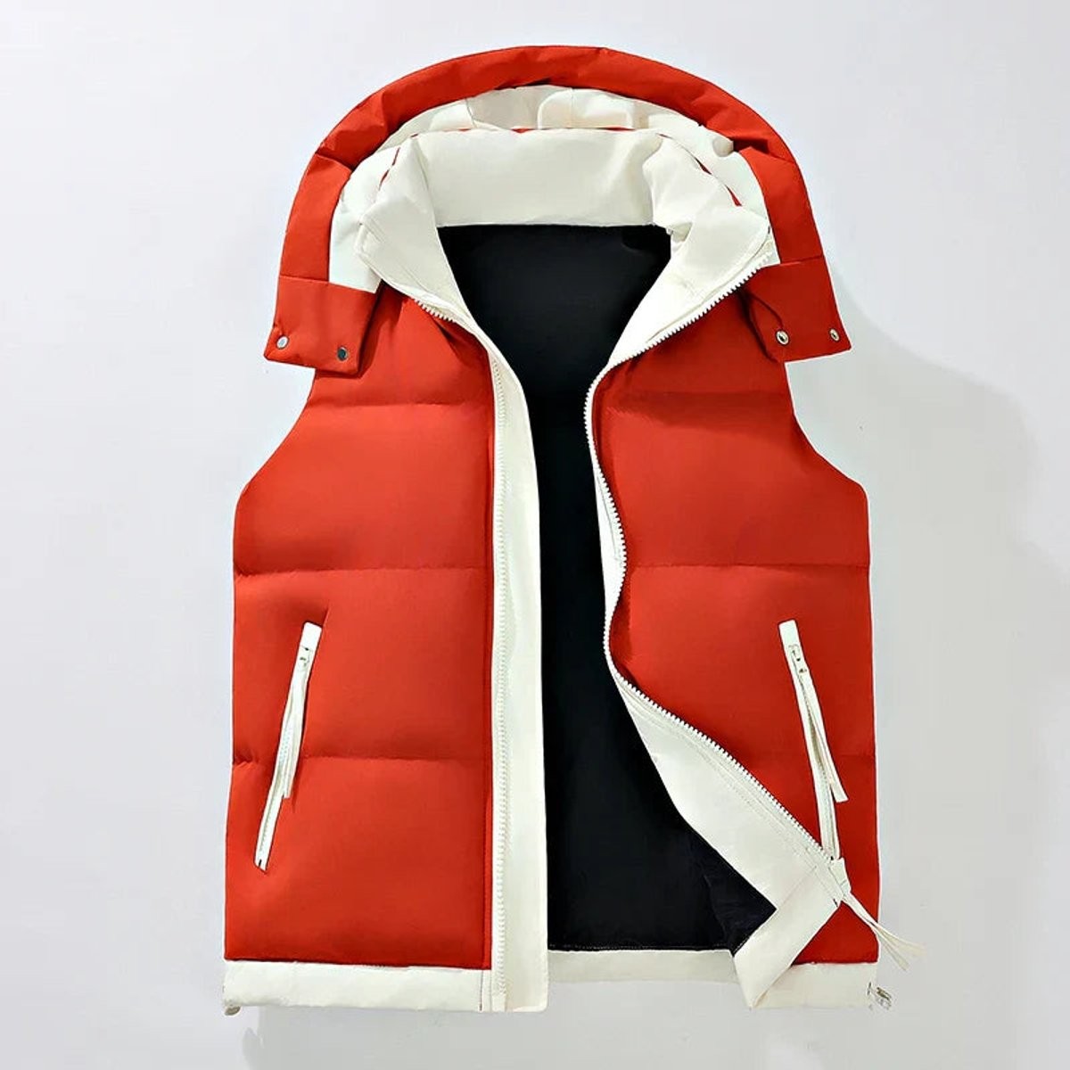Red quilted puffer vest with cream hood and popper cuff tabs