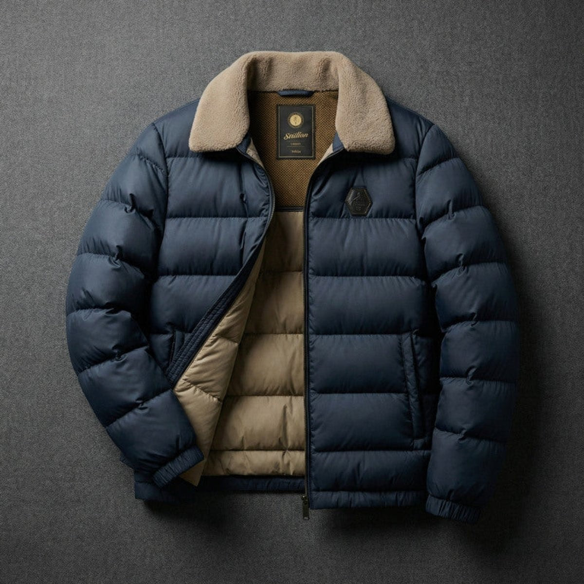 Navy quilted puffer jacket with detachable sherpa fleece collar and zip fastening