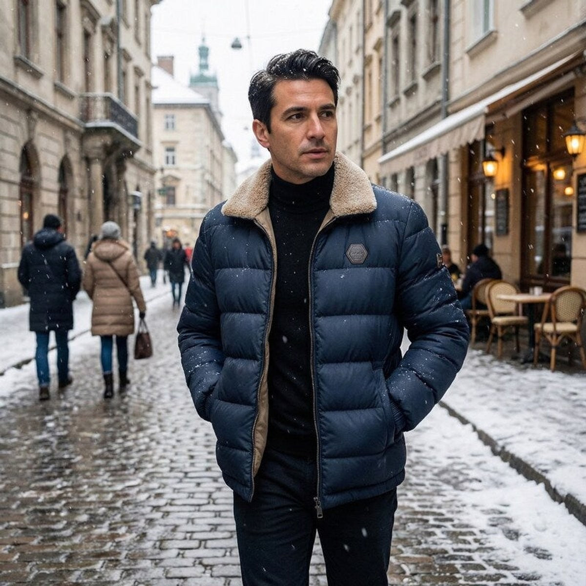 Man wearing navy puffer jacket with fleece collar on snowy cobbled street