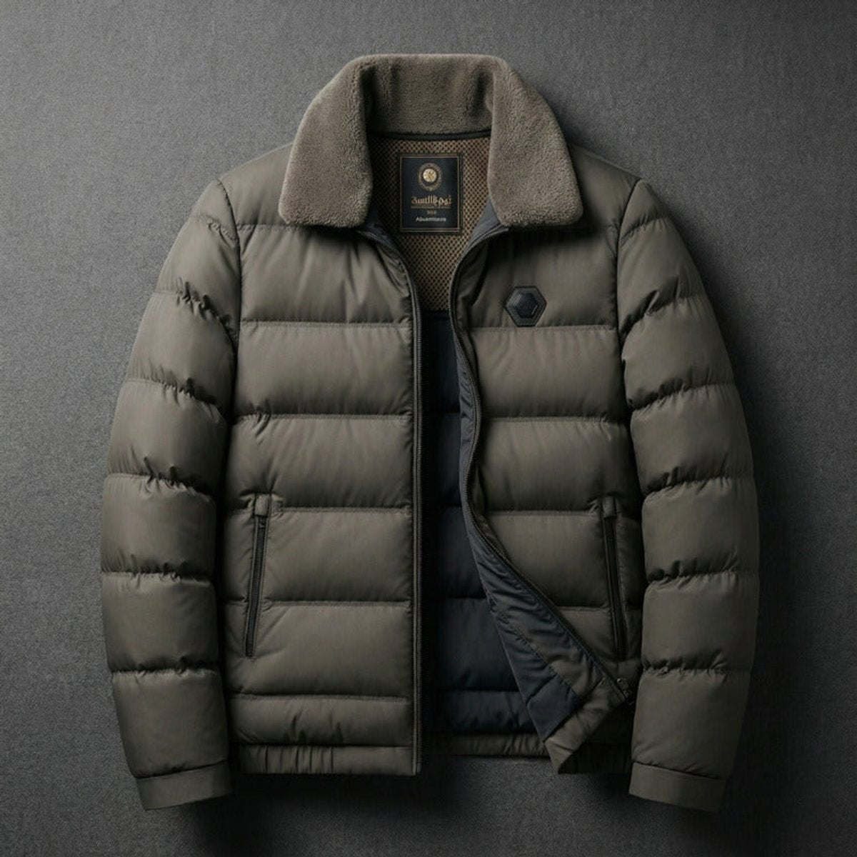Olive green puffer jacket with sherpa fleece collar and zipped side pockets