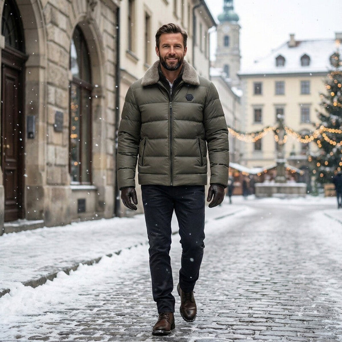 Man wearing olive puffer jacket with fleece collar walking through snowy town square