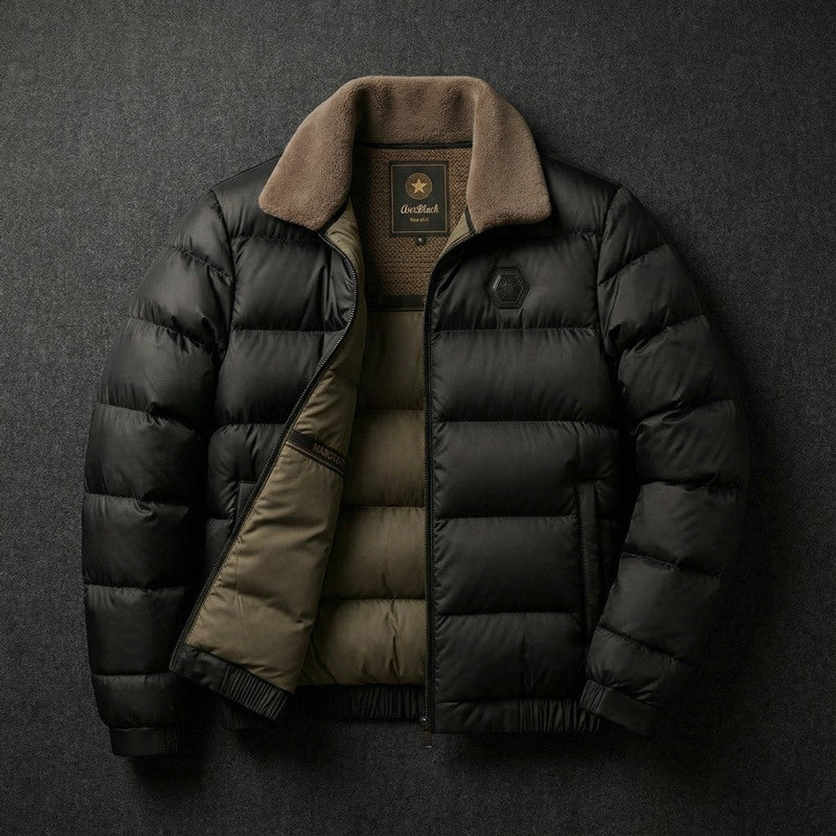 Black quilted puffer jacket with brown sherpa fleece collar and contrast lining