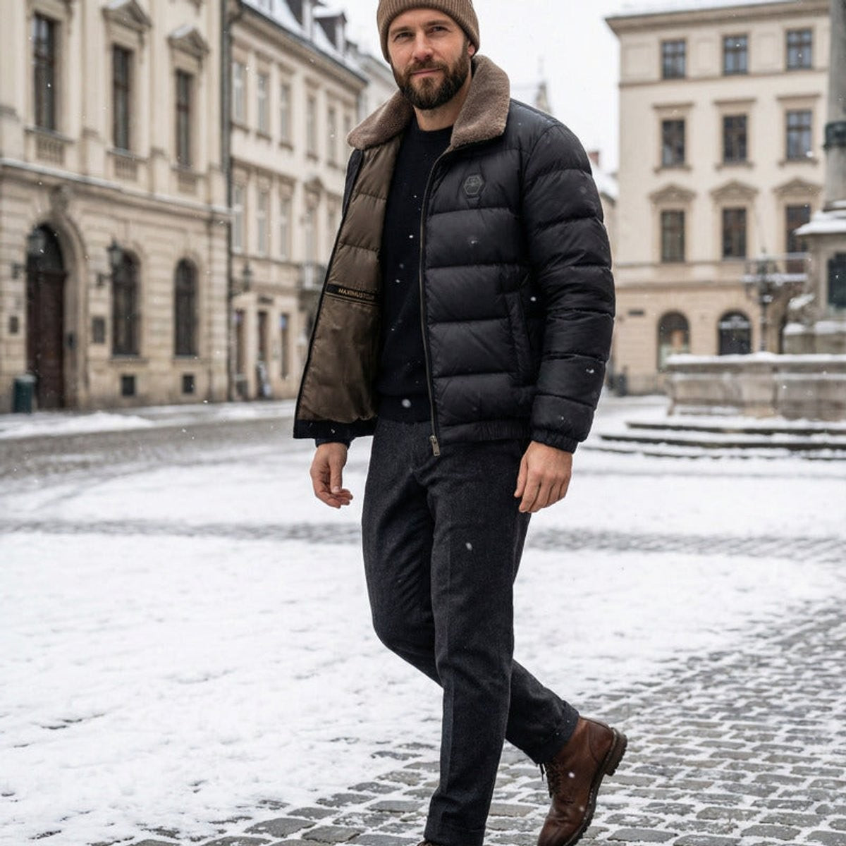 Man wearing black puffer jacket with fleece collar and beanie in snowy square