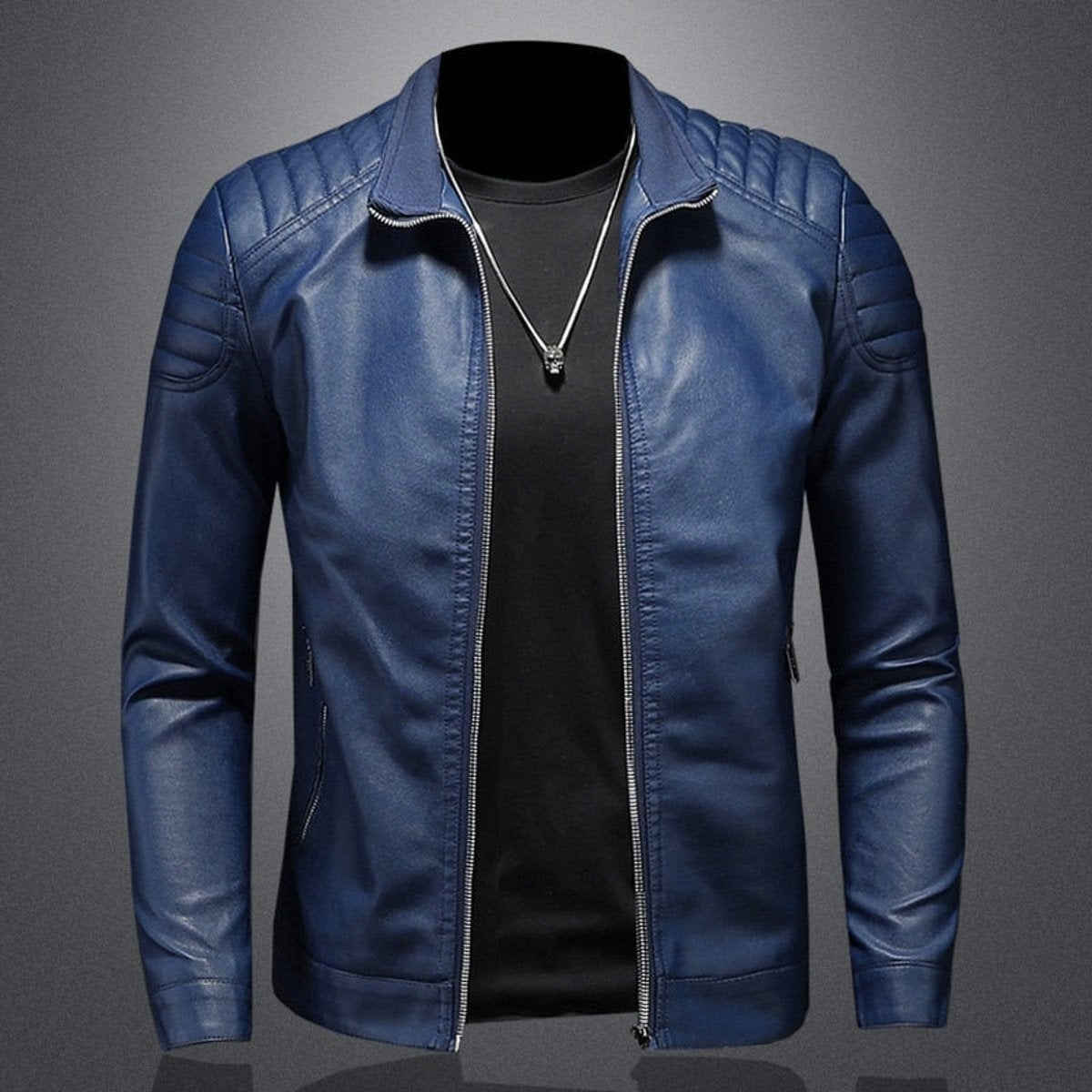 Navy faux leather zip-up bomber jacket with quilted shoulder detailing